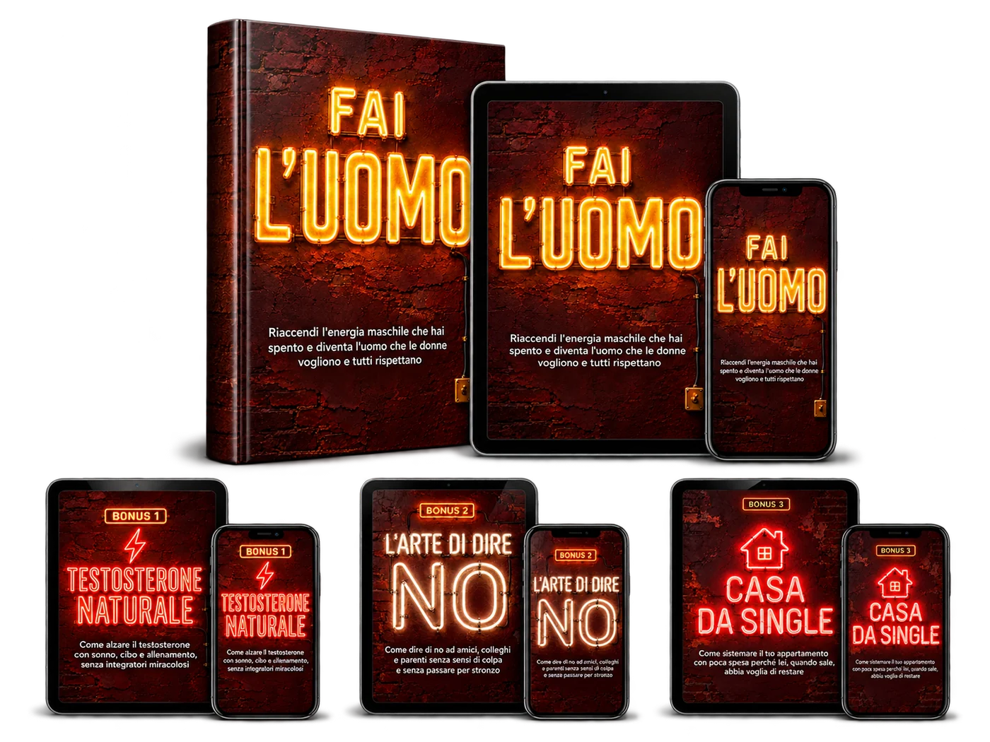 La guida Fai l'Uomo in PDF con i 3 bonus, su libro, tablet e telefono